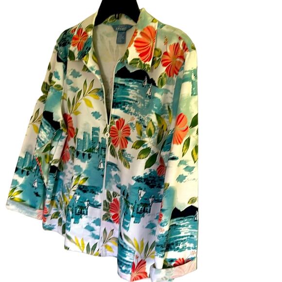 Korey Sport Women’s PL jacket tropical scenes. White, turquoise, orange. - Picture 1 of 8